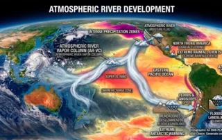 Illustrated scientific infographic showing the development of an atmospheric river across the Pacific Ocean. Features moisture flux pathways, vapor columns, and climate impacts like extreme rainfall and coastal flooding