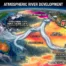 Illustrated scientific infographic showing the development of an atmospheric river across the Pacific Ocean. Features moisture flux pathways, vapor columns, and climate impacts like extreme rainfall and coastal flooding