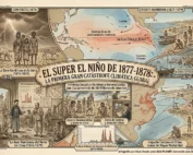 Infografía de estilo histórico ilustrada titulada "EL SUPER EL NIÑO DE 1877-1878: LA PRIMERA GRAN CATÁSTROFE CLIMÁTICA GLOBAL".