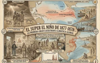 Infografía de estilo histórico ilustrada titulada "EL SUPER EL NIÑO DE 1877-1878: LA PRIMERA GRAN CATÁSTROFE CLIMÁTICA GLOBAL".