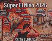Infografía descriptiva del Súper El Niño 2026 en América del Sur. Muestra un mapa dividido entre sequía severa en el norte y centro (Venezuela, Colombia, Brasil) y precipitaciones e inundaciones en la costa de Chile. Incluye un termómetro marcando temperaturas extremas, alertas de riesgo urbano y la figura de un joven agobiado por el calor intenso.