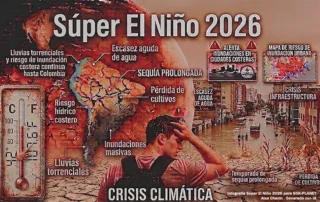 Infografía descriptiva del Súper El Niño 2026 en América del Sur. Muestra un mapa dividido entre sequía severa en el norte y centro (Venezuela, Colombia, Brasil) y precipitaciones e inundaciones en la costa de Chile. Incluye un termómetro marcando temperaturas extremas, alertas de riesgo urbano y la figura de un joven agobiado por el calor intenso.