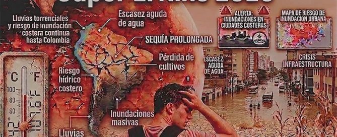 Infografía descriptiva del Súper El Niño 2026 en América del Sur. Muestra un mapa dividido entre sequía severa en el norte y centro (Venezuela, Colombia, Brasil) y precipitaciones e inundaciones en la costa de Chile. Incluye un termómetro marcando temperaturas extremas, alertas de riesgo urbano y la figura de un joven agobiado por el calor intenso.