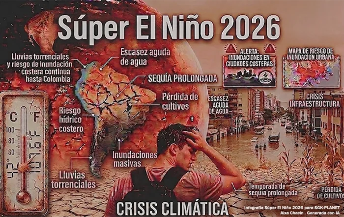 Infografía descriptiva del Súper El Niño 2026 en América del Sur. Muestra un mapa dividido entre sequía severa en el norte y centro (Venezuela, Colombia, Brasil) y precipitaciones e inundaciones en la costa de Chile. Incluye un termómetro marcando temperaturas extremas, alertas de riesgo urbano y la figura de un joven agobiado por el calor intenso.