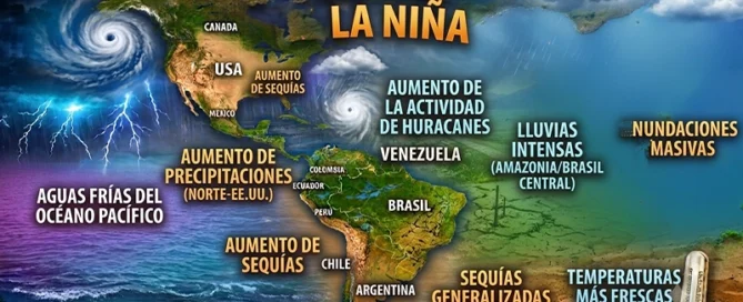 Infografía del mapa de los impactos globales del fenómeno de La Niña que muestra las sequías, lluvias intensas e incremento de huracanes en América, diseñada para SGK-PLANET.