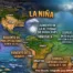 Infografía del mapa de los impactos globales del fenómeno de La Niña que muestra las sequías, lluvias intensas e incremento de huracanes en América, diseñada para SGK-PLANET.