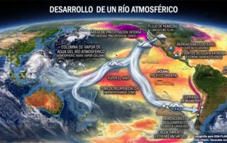 Infografía científica ilustrada que muestra el desarrollo de un río atmosférico sobre el Océano Pacífico. Ilustra el flujo de humedad, las columnas de vapor de agua y sus impactos climáticos como lluvias extremas e inundaciones.