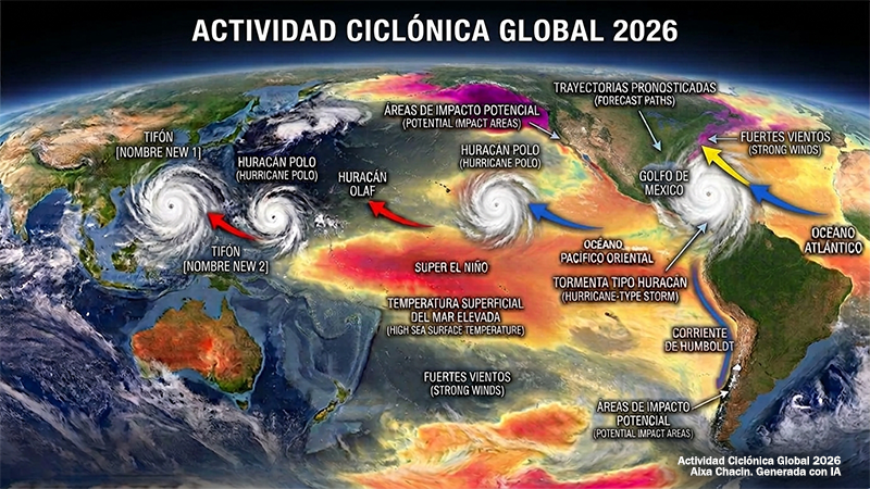 Un mapamundi satelital de 2026 que muestra la actividad de ciclones globales, con múltiples tifones y huracanes etiquetados. El mapa incluye superposiciones de temperatura de la superficie del mar, vientos y trayectorias pronosticadas. Las etiquetas clave incluyen "GLOBAL CYCLONIC ACTIVITY 2026", "SUPER EL NIÑO" y "HUMBOLDT CURRENT".