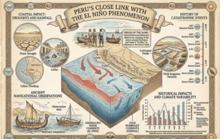 Illustrated historical infographic detailing Peru's close link with the El Niño phenomenon. It features a cutaway ocean map showing warm and cold currents, climate variability charts, location maps, scenes of colonial fishermen, and a timeline of catastrophic events.